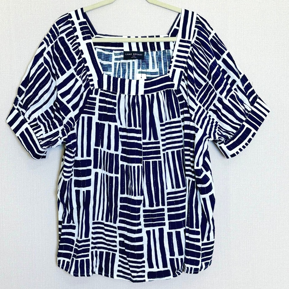 Lane Bryant Geometric Blouse Navy White Puff Sleeve Flowy Top Size 18/20 New
